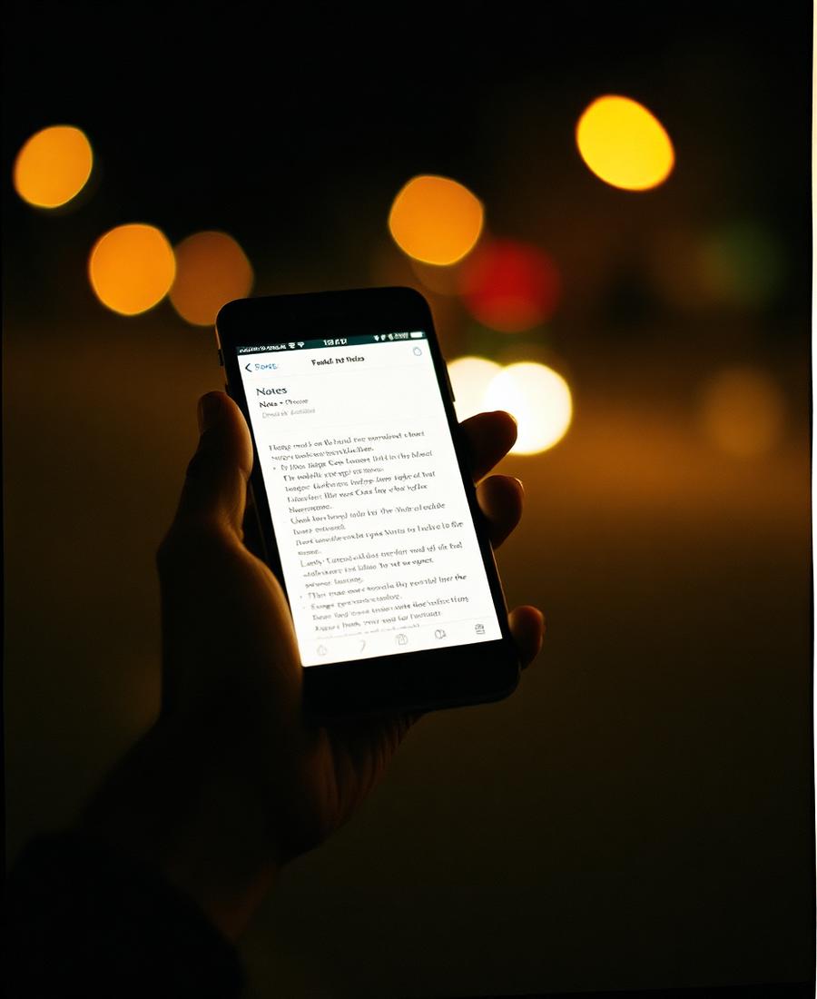 A hand holding a phone with a notes app open, screen glow in the dark