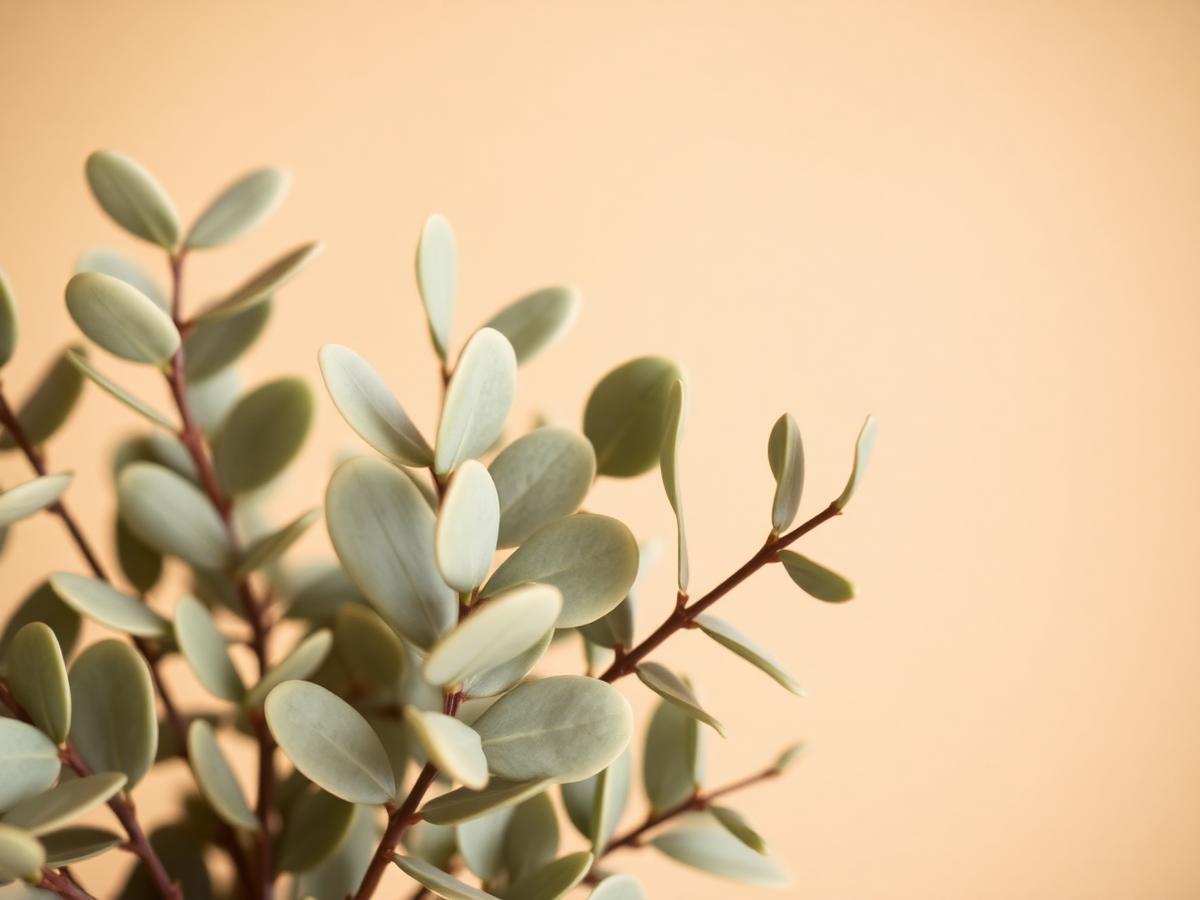 Sage green eucalyptus leaves against a warm nude background