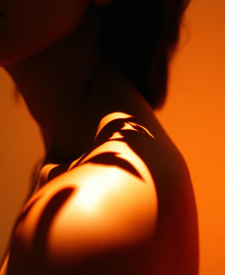 Warm brown skin in low golden light with leaf shadow falling across a shoulder